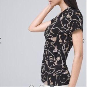 NWT🏷 WHBM Keepsake Black Key & Tassel Ruched Short Sleeve Blouse Top XS